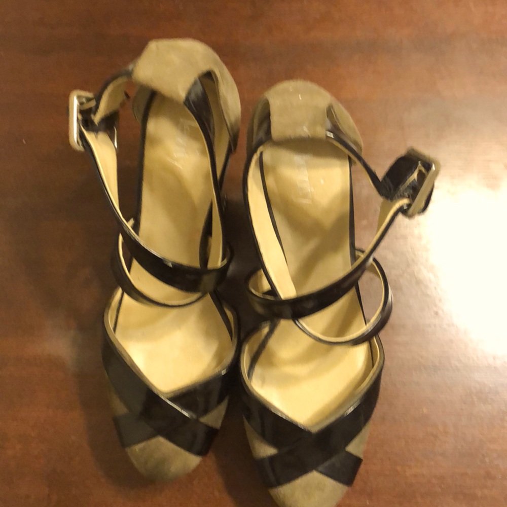 Levity Grey and black suede wedge heels